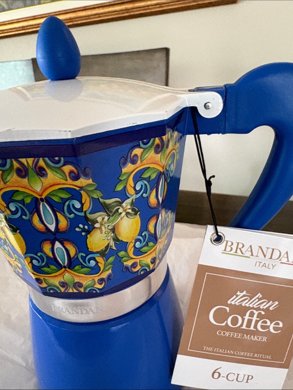 Brandani Italian Style Espresso/coffee/Moka Pot 6 Cup Blue Carpet Design - Picture 3 of 10